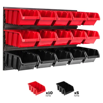 Produktbild von Lagersystem Wandregal 576 x 390 mm | 12 stck. Box | Stapelboxen Schüttenregal Sichtlagerkästen | Extra Starke Wandplatten | Regal Erweiterbar | Werkstattregal Lagerregal Werkstattwandregal Steckregal