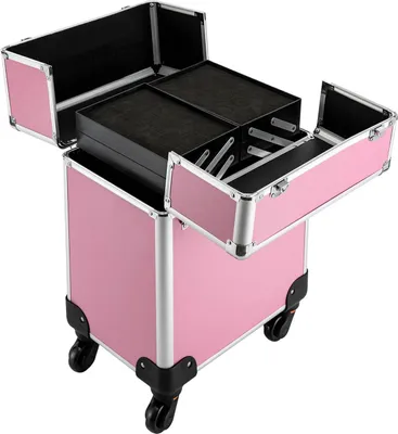 Obrázok produktu pre Kozmetický kufor na kolieskach – kozmetický kufor s kolieskami – 20–35 l – 4 priehradky – 34×24×45 cm – teleskopická rukoväť – univerzálne kolieska – ružová