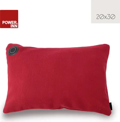 A red rectangular cushion with a black circular button on the top left corner, presented on a white background.