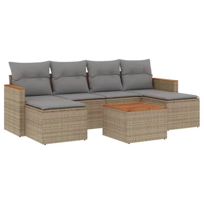 Produktbild von Modulares Garten-Sofa-Set 7-tlg., Poly Rattan Beige, pulverbeschichteter Stahl, Akazienholz Tisch, abnehmbare Kissen Hellgrau, UV-beständig