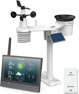 A weather station with a display console and a separate sensor unit, all set against a white background.