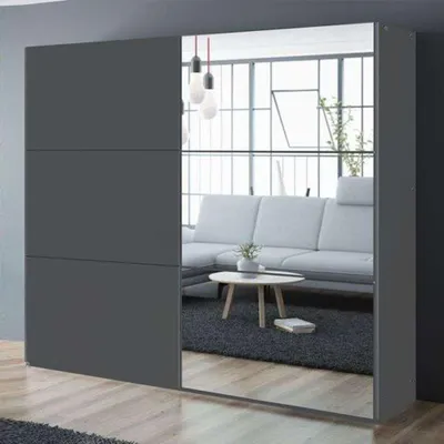 Produktbild von Krudox PRV Kleiderschrank Schiebetür Graphit 250 cm mit Spiegel 3 Kleiderstangen Schlafzimmer Schrank