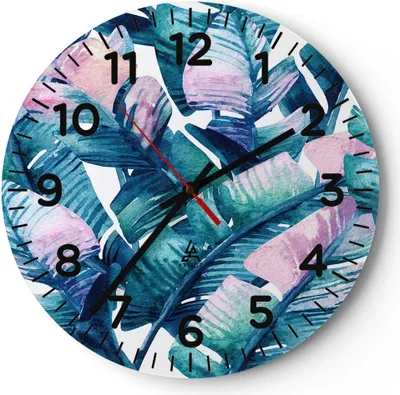 Produktbild von Wanduhr - Rund - Glasuhr - Blatt Pflanze Blume - 30x30cm - Schleichendes Uhrwerk - Lautlos - zum Aufhängen bereit - Dekoration Modern - Wanddekoration aus Glas - C4AR30x30-3949