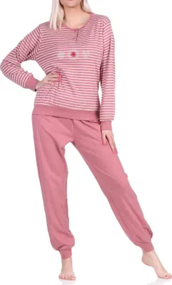 Produktbild von Kuscheliger Damen Pyjama Schlafanzug mit Bündchen in Streifenoptik - auch in Übergrösse ; altrose , 44