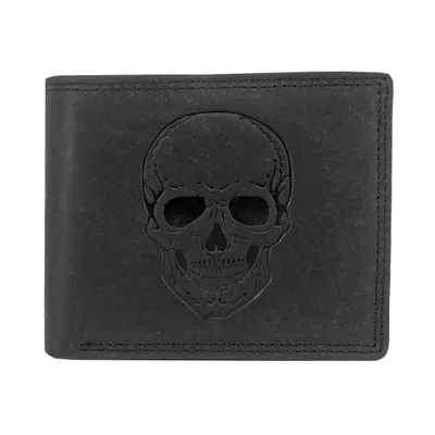 Produktbild von Stilvolles Büffelleder Portemonnaie Geldbörse mit RFID-Schutz und geprägtem Totenkopf Motiv in Schwarz Echtleder