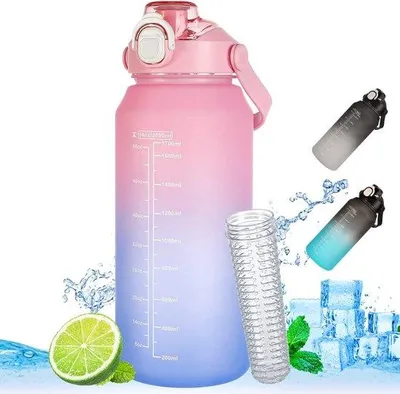 Produktbild von Famanu Sporttrinkflasche 2 l mit Zeitmarkierungen und Strohhalm - Rosa-Blau