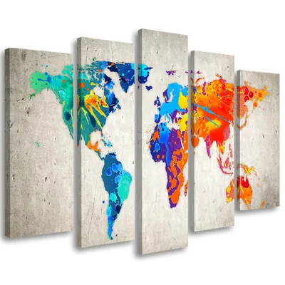 Produktbild von 5-teiliges leinwandbild weltkarte grau 150x100 cm Feeby farbe wandbild bereit zum aufhängen