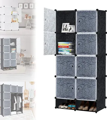 Produktbild von ACXIN DIY šatní policový systém šatní skříň z plastu, šatní skříň přenosná skládací skříň s dveřmi (8 kostek šatní skříň s botníkem)