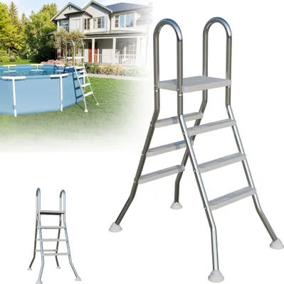 Produktbild von LZQ Edelstahl Bodeneinstiegsleiter mit kleiner stabiler Plattform, 3 Stufen, bis 165 cm – Freistehende Poolleiter für Aufstellpools, rutschfest, sicher mit Handlauf, Traglast 150 kg