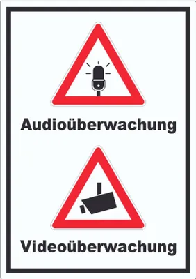 Produktbild von Achtung Audio- und Videoüberwachung Aufkleber hochkant A9 (37x52mm)