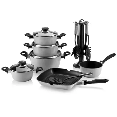 Produktbild von Karl Krüger 17/GR Aluguss-Set 17-teilig - antihaft-versiegeltes Topf- und Pfannenset mit Küchenhelfer - grau