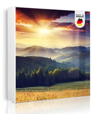Zdjęcie produktu dla banjado metalowa szafka na klucze, duża 30x30 cm z 32 haczykami, może służyć jako tablica magnetyczna, biały korpus, zawias po prawej stronie, Karpaten Sonnenuntergang [SKGW1 12313]