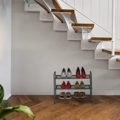 Produktbild von Relaxdays Schuhregal, 6 Paar Schuhe, HBT: 48x60x25 cm, Metall Schuhablage, schmal, 3 Ablagen, Flur Schuhgestell, schwarz