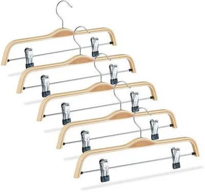 Produktbild von Famanu Hosenbügel Set 5 Stück aus Holz mit verstellbaren Clips und 360° drehbaren Haken - Naturfarbe