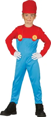 Produktbild von Klempner Abenteuerfigur Karneval Kostüm Videospiel Klassiker Hut Overall Rot Blau Fasching, Größe: 128/134 Farbe: Rot