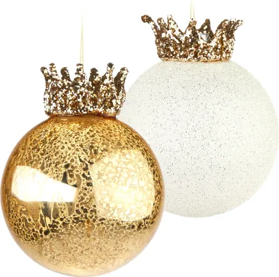 Image de BRUBAKER Set de boules de Noël "King" - 2 boules d'arbre premium en verre - or et paillettes avec couronnes - 12 cm Décoration d'arbre de Noël roi