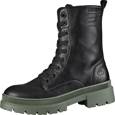 Produktbild von TOM TAILOR, mega coole Winter Kunstleder Stiefeletten in schwarz mit olive, 17 cm Schafthöhe, Fleecefutter, warme Decksohle