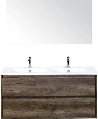 Produktbild von Badmöbel-Set Porto 120 cm mit Doppelwaschtisch Keramik 4 Schubladen Nebraska Nebraska Eiche und Spiegel