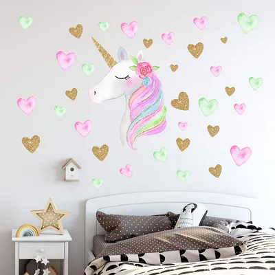Produktbild von Einhorn Wandtattoos, Einhorn Wandaufkleber Dekor mit Herz Blume Geburtstag Weihnachtsgeschenke für Jungen Mädchen