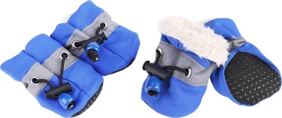 A set of four blue dog boots with gray accents and black drawstrings are displayed against a white background. Two boots are shown from the side, and two are shown from a diagonal angle.