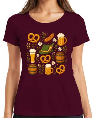 Produktbild von Brezel Bier Fass Trachtenhut Bayern Lederhose Dirndl Damen T-Shirt, Burgundy, L