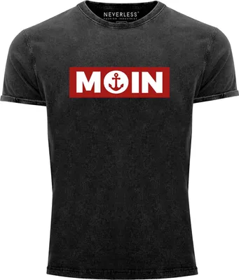 Produktbild von Herren Vintage Shirt Moin norddeutsch Morgen Anker Printshirt T-Shirt Aufdruck Used Look Slim Fit Neverless® schwarz L