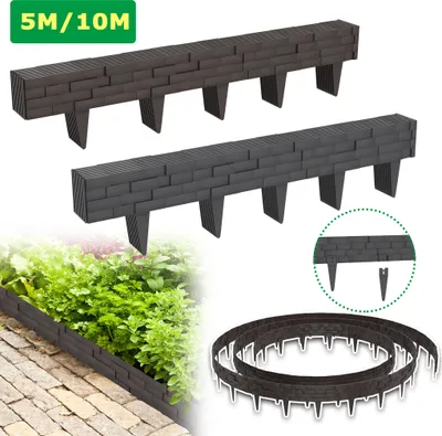 A collage of garden edging products, showing different colors and forms, including a close-up of the product in use in a garden setting.