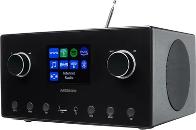 A black Medion internet radio with a color display and various buttons and knobs.