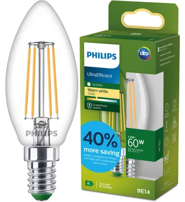 Produktbild von Philips Filament-Kerzenlampe, B35 E14, transparent, 60 W, 3,8 W, 60 W, E14, 806 lm, 50000 h