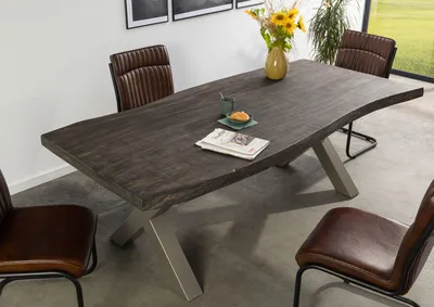Produktbild von MASSIVMOEBEL24 Baumtisch Mango 200x100x77 grau lackiert / X-Beine silber matt FREEFORM 5