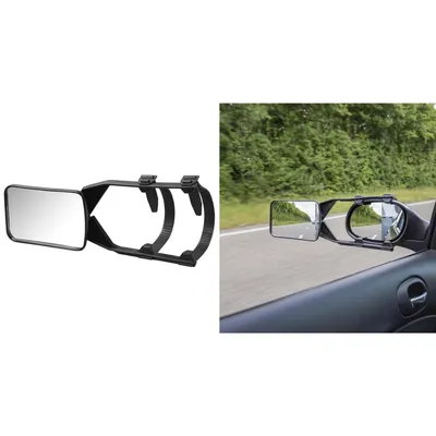 A product shot of a car mirror extender on a white background, and a lifestyle shot of the mirror extender attached to a car's side mirror on a road.