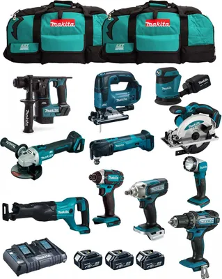 A collection of Makita power tools and accessories.