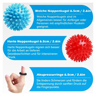 Produktbild von Igelball Massage Set, Massageball für Reflexzonen, Anti-Stress, Entspannungsgeschenk, Noppenball für Fuß-, Rücken-, Nacken- und Handmassage - kleiner, harter & mittlerer Ball