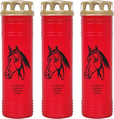 Produktbild von Grabkerze Rot 3er Pack, Brenndauer: 170 Stunden ( je Kerze ), Motiv: Pferdekopf 1