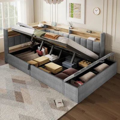 Zdjęcie produktu dla Sofa rozkładane Flieks 140x200 cm z podnóżkiem, sofa do spania typu daybed z portem USB i oświetleniem LED, łóżko hydrauliczne dla młodzieży z pojemnikiem na pościel, łóżko dwuosobowe obite welurem, kolor szary