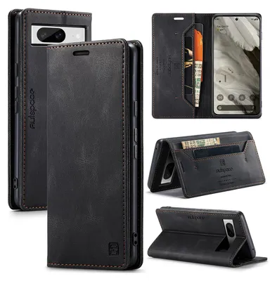 Produktbild von Google Pixel 8 Hülle, Retro Kunstledertasche Stand Schutzhülle für Google Pixel 8 Schwarz