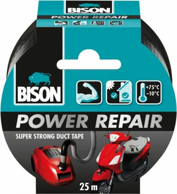 Image de Bison Duct Tape Power Repair noir - bande de réparation forte rouleau de 25 mètres