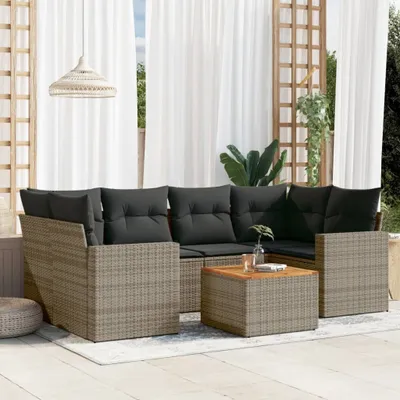 Produktbild von Design 7-tlg. Garten-Sofagarnitur mit Kissen Grau Poly Rattan, Gartenmöbel-Sets 2024 Neu