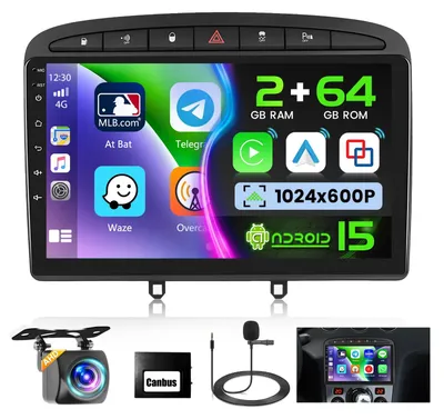 Immagine prodotto di Autoradio Android 13 per Peugeot 308 e 408 (modelli dal 2007 al 2015), con schermo touchscreen da 9 pollici, compatibile con Carplay e Android Auto wireless