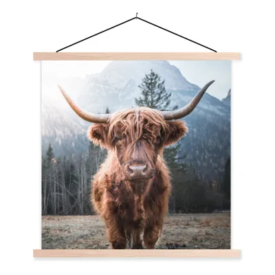 Produktbild von MuchoWow® Textilposter Schottischer Hochländer - Kuh - Tiere - Berg - Natur 60x60 cm mit holzfarbenen Rahmen - Wanddekoration