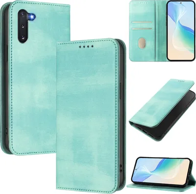 Produktbild von Handyhülle für Samsung Galaxy Note 10, Vintage Leder RFID Schutz Kartenfach Standfunktion Magnetische Klapphülle Türkis