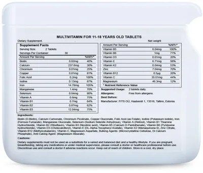 Image de Multivitamines pour les 11-18 ans, 60 comprimés