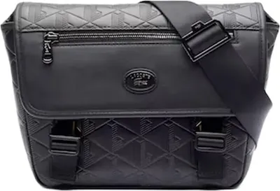 A black messenger bag with a patterned texture.