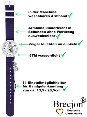 Produktbild von Kinder Armbanduhr Mädchen Einhorn Schmuckset leuchtet im dunkeln wasserdicht Armband violett 922