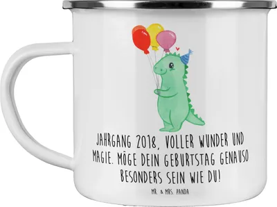 Produktbild von Mr. & Mrs. Panda Emaille Tasse 2018 Geburtstag - Weiß - Geschenk, Alter, Blechtasse, Teetasse, Happy Birthday, Geburtstagsgeschenk, emaillebecher, Geburtstagswünsche