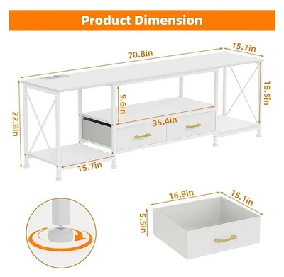 Image de Meuble TV de 180x40x58 cm, adapté aux téléviseurs jusqu'à 70 pouces - Meuble de rangement de style industriel avec 2 tiroirs et 3 compartiments ouverts