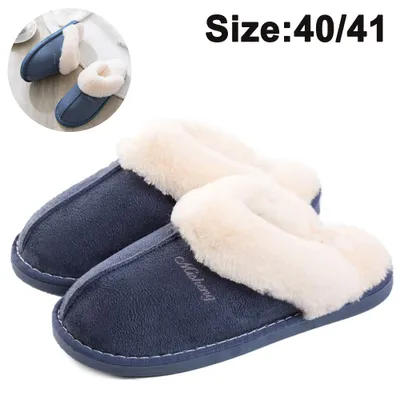 Produktbild von Damen-Hausschuhe aus Memory-Schaum, flauschige, weiche, warme Slip-On-Hausschuhe, rutschfester, bequemer Plüsch, geeignet für drinnen und draußen,Navy blue,270(40/41)