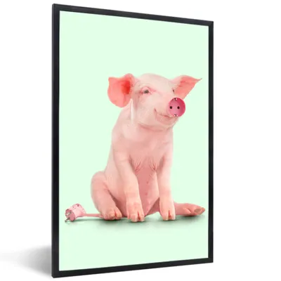 Produktbild von MuchoWow® Gerahmtes Poster Schwein - Rosa - Sockel - Tiere 60x90 cm - Poster mit Schwarzem Bilderrahmen Wandposter Rahmen Foto Bilder - Kunst