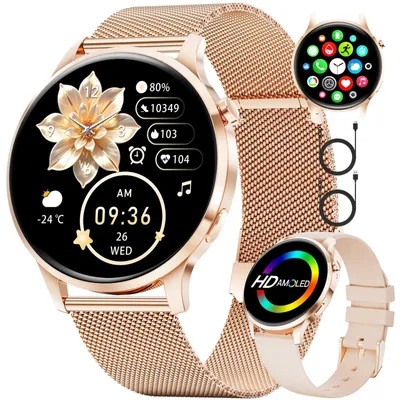 Zdjęcie produktu dla Inteligentny zegarek damski, okrągły, z funkcją telefonu, wyświetlacz AMOLED, ponad 100 trybów sportowych, monitor tętna, monitor snu. Zegarek damski z funkcjami WhatsApp i Alexa, elegancki, w kolorze różowego złota