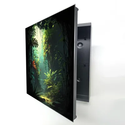 Produktbild von Schlüsselkasten Schwarz Metall, Dschungel Urwald Motiv hinter Glas, Moderne Schlüsselbox rechtsöffnend, 32x28x6,5 cm, 20 Haken für Ordnung im Flur.